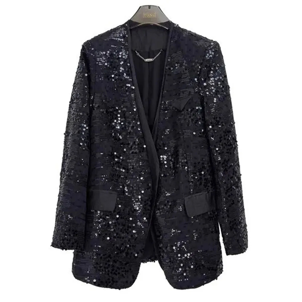 Women\'s Mid Length Shiny Party Casual Sparkling Blazer Top Women New 2023 European V-neck Sequin Tailored Jacket Female Clothing