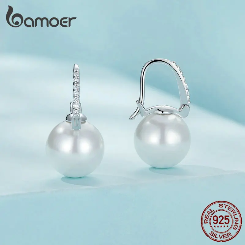 Bamoer 925 Sterling Silver Shell Bead Hoop Earring  Simple Piercing Ear Buckles for Women Birthday Anniversary Jewelry Gift