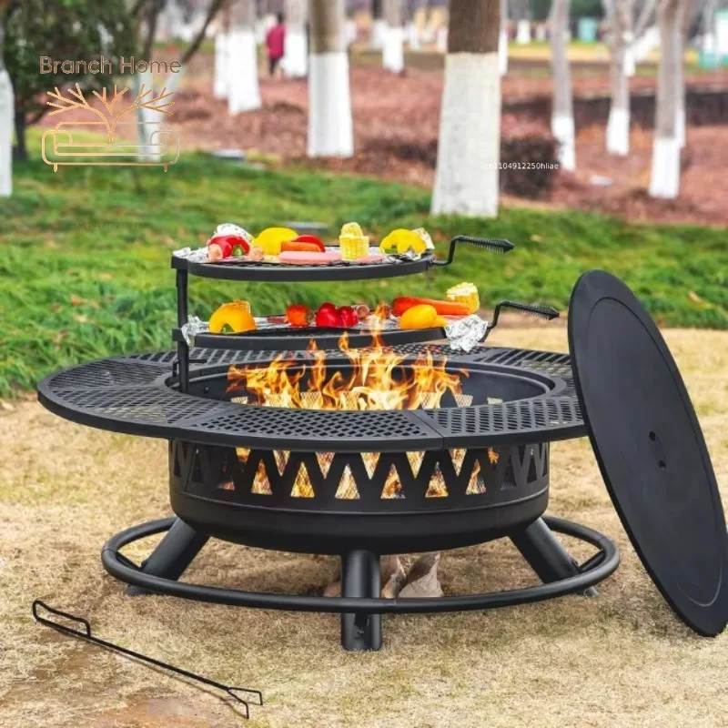 Metallo 3-in-1 Grande da Esterno 2026 con 2 Griglie e Coperchio per Campeggio, Picnic, Falò in Giardino, Patio, Feste, a Legna