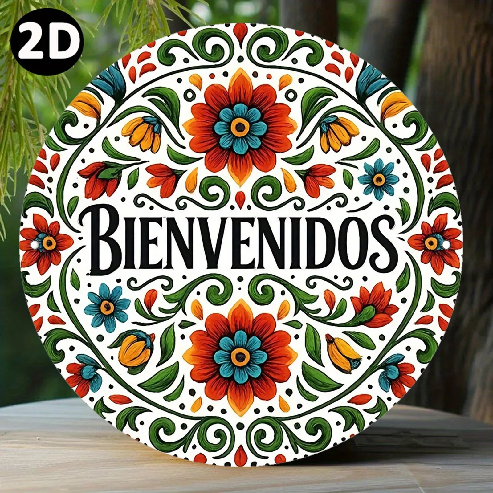 2D Flat, Mexican Folk Art Metal Wall Plaque - Spanish Welcome Sign 