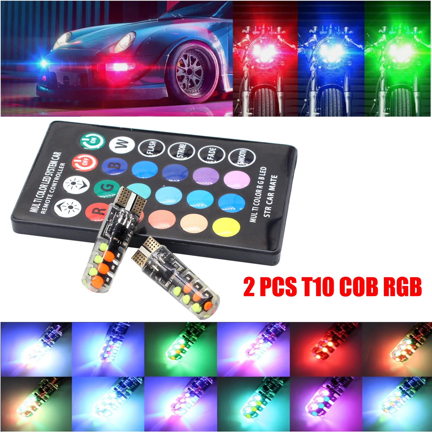 

Автомобильная светодиодная лампа T10 RGB с дистанционным управлением, 2 многорежимных автоматических сменных стробоскопов, COB для чтения багажника