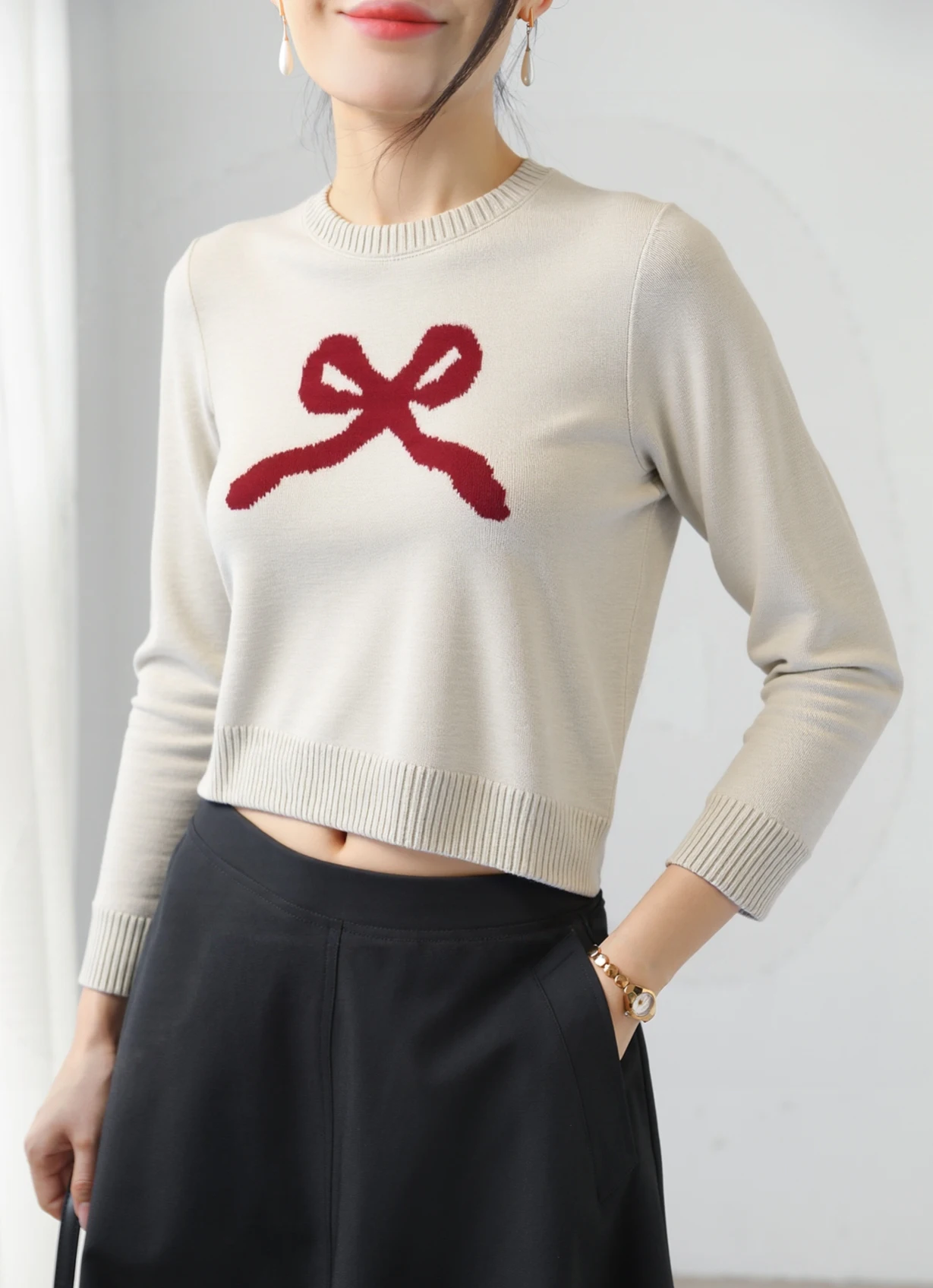 

Light and Mature Style Knit Sweater with Cute Bow, Creating an Elegant Everyday Sweater for Women, Top for Everyday Wear