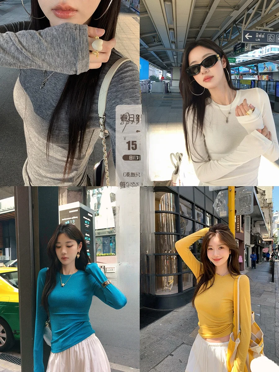 

Женская футболка Ibell Zhang Beibei из шелковой шерсти с эффектом натуральной текстуры, повседневная, с длинным рукавом, круглым вырезом, приталенная