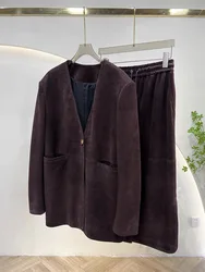 Vintage chocolate brown Kid Suede Jacket for Women New High Sense Loose Oversized Leather Suit Blazer Female Casual Coat Streetw