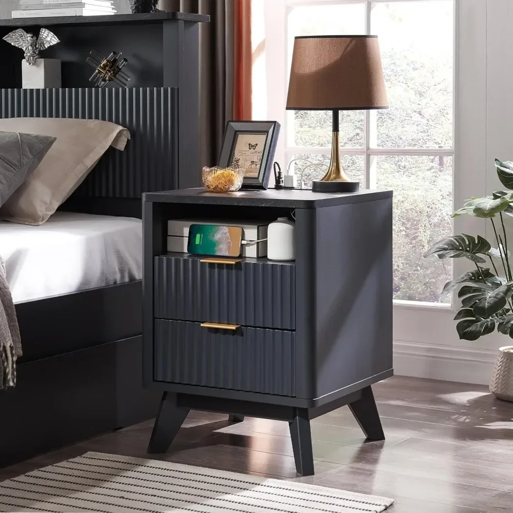 

Fluted Nightstand with Charging Station, 18" Modern Side Table , 2 Drawers End Table w/Storage, Bedside Table for Bedroom