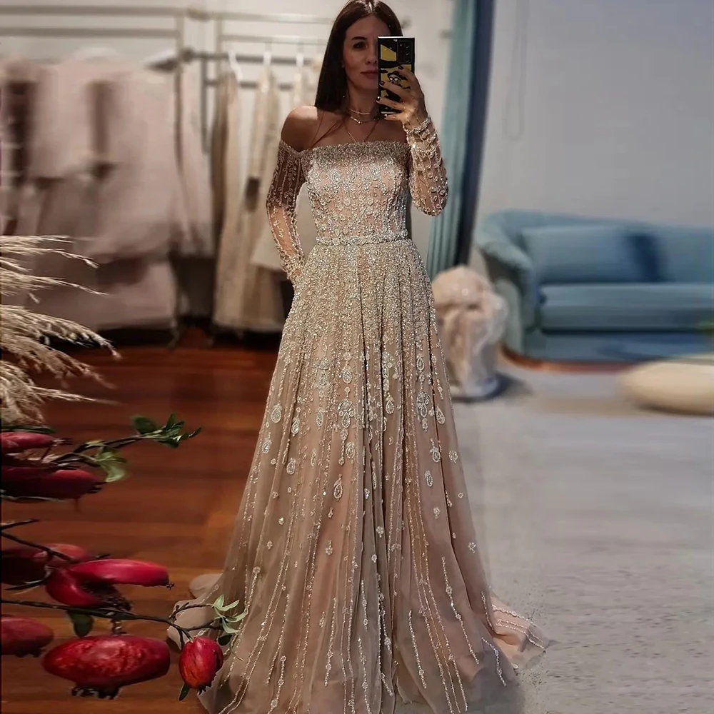 

Sharon Said Luxury Dubai Nude Lilac Evening Dress Off Shoulder Long Sleeve Arab Lilac Women Wedding Party Gowns SS489 Customized