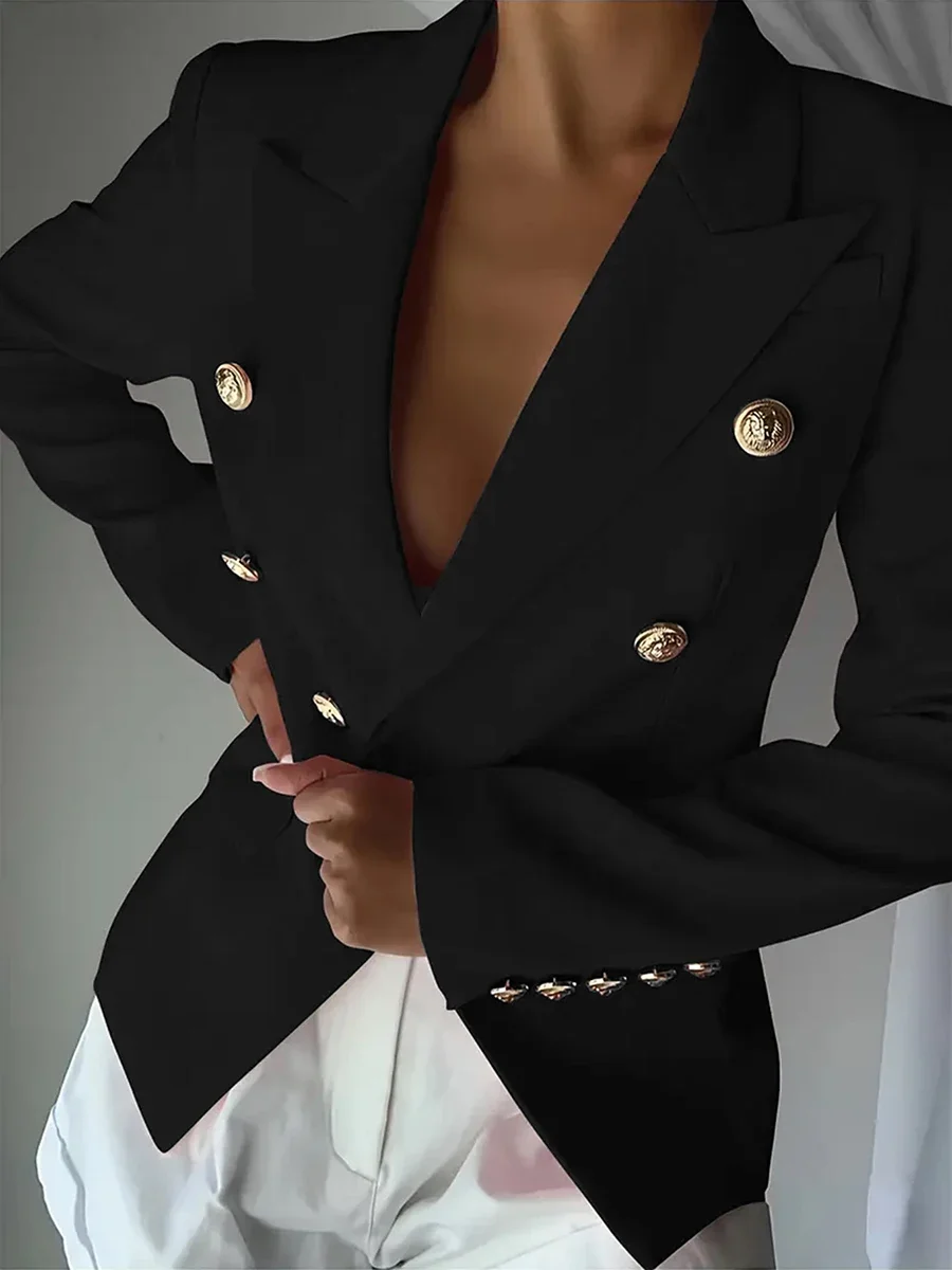 Eleganter Büro-Blazer für Damen, doppelreihig, schmal geschnitten, mit Revers, luxuriöse Metallknöpfe in Löwenkopf-Form, Knopfleiste am Kragen, Anzugjacke – Detail 3