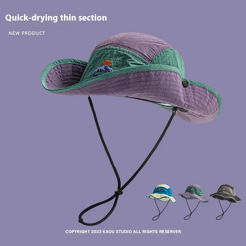 

New Retro Color Matching Embroidery Drawstring Bucket Hats Unisex Summer Outdoor Sun Protection Panama Quick Drying Hiking Cap
