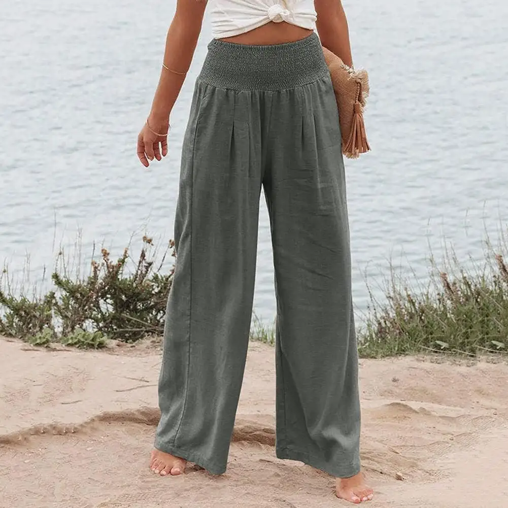 

Solid Color Women Pants Bohemia Style Pleated Wide Leg Pants with Pockets for Women High Waist Trousers Loose Straight-leg