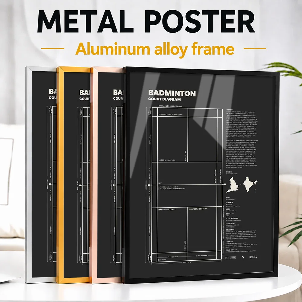 Badminton Court Diagram Metal Poster With Aluminum Alloy Frame Customized Illustration Wall Art For Clubhouse Reception Area