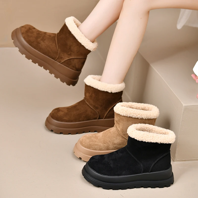 Casual Faux Suede Fuzzy Fleece Snow Boots 2026 Winter Women Plush Warm Ankle Boots Soft Sole Non Slip Brand Quality Booties Lady