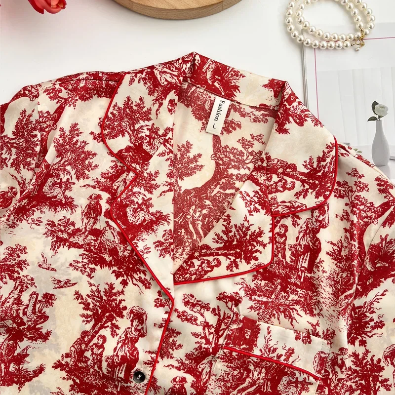 طقم بيجامات حمراء قميص وسراويل مثير للسيدات صيف ربيع جديد ملابس منزلية ناعمة رايون ملابس نوم 2 قطعة بيجامات مطبوعة ملابس نوم