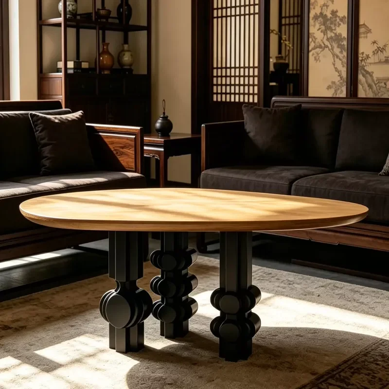 Retro Removable Small Tea Table Solid Wood Sofa Side Table Household Oval Coffee Table for Small Apartment Living Room