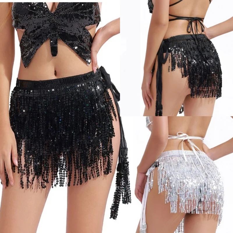 مثير مرحلة الأداء الرقص الشرقي الترتر شرابة حزام على شكل سلسلة تنورة صغيرة نادي الهندي اللاتينية حولا راقصة التفاف الشاطئ الورك وشاح الخصر