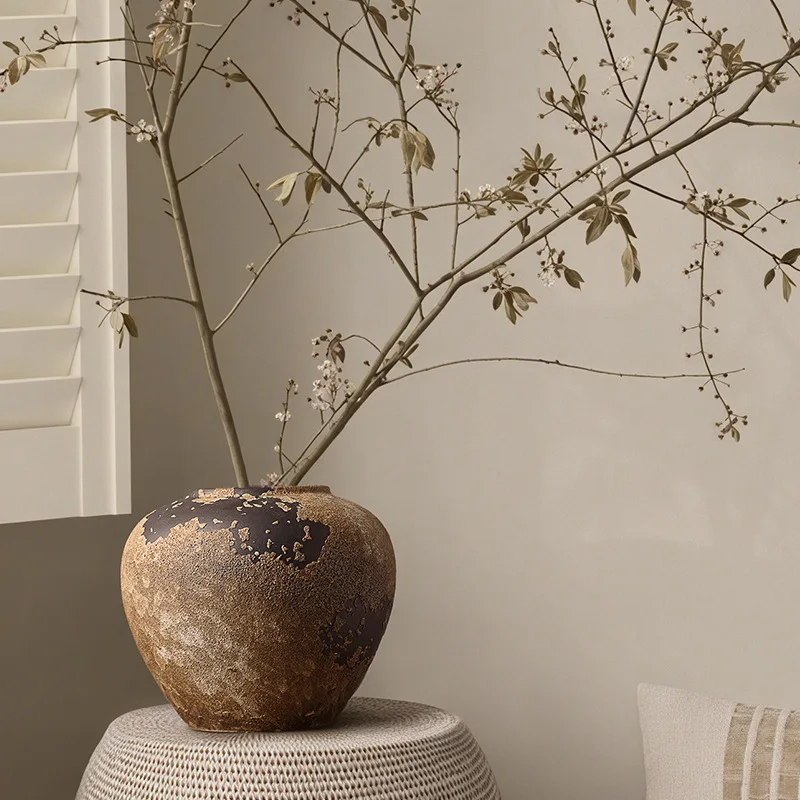 Jingdezhen wabi wind ceramic vase living room flower arrangement dried flower retro pottery pot hotel model room decoration