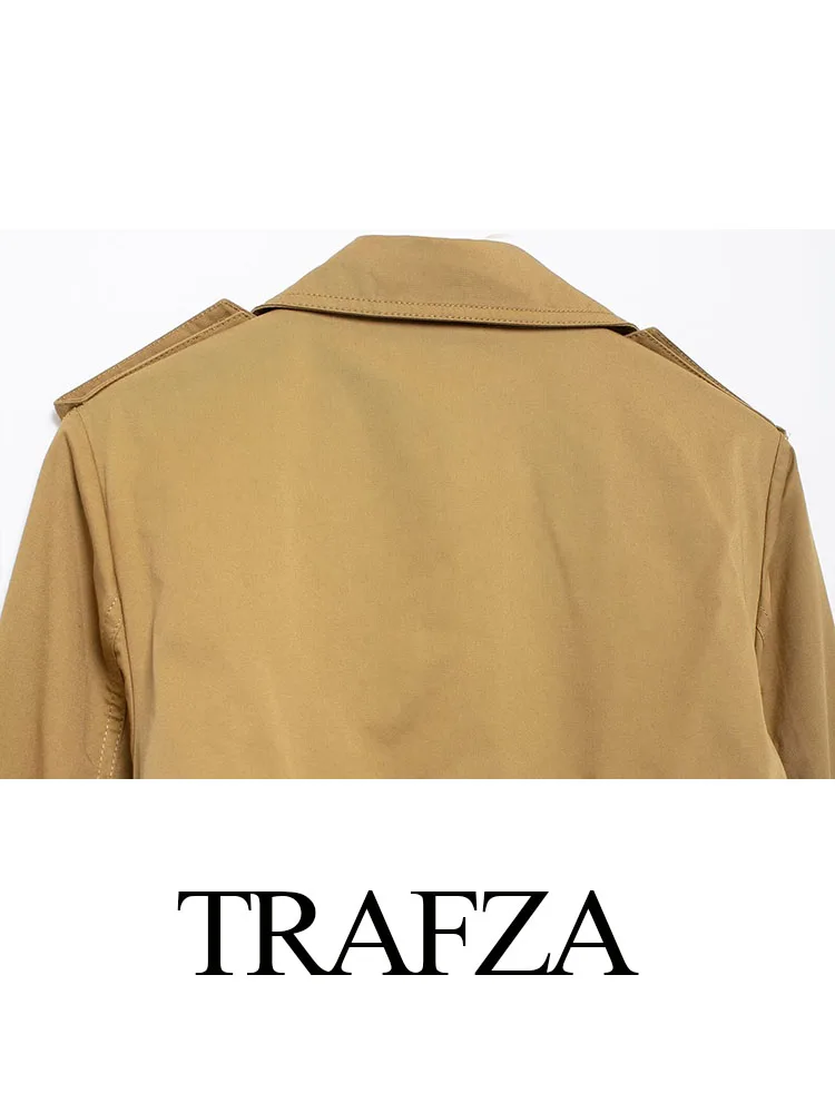 TRAFZA Autumn Windbreaker Woman 2024 Trendy Solid Turn-Down Collar Long Sleeves Belt Decorate Double Breasted Female Trench Coat