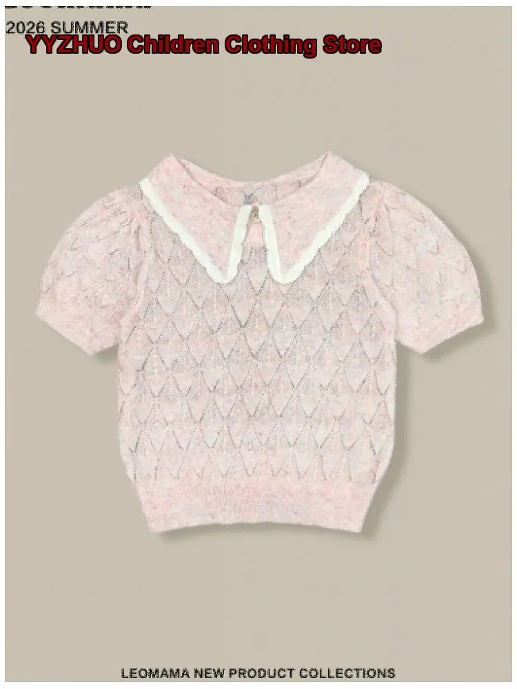 Girls Hollow Out Knit Top Teenagers Summer Short Sleeved Polo Collar Striped Shirt Breathable Short Sleeves Older Kids
