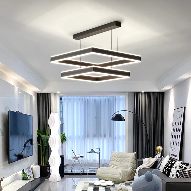 

Nordic Creative Living Room Pendant Lights Simple Postmodern Light Luxury Square Up And Down Luminous Chandelier Hall Main Lamp