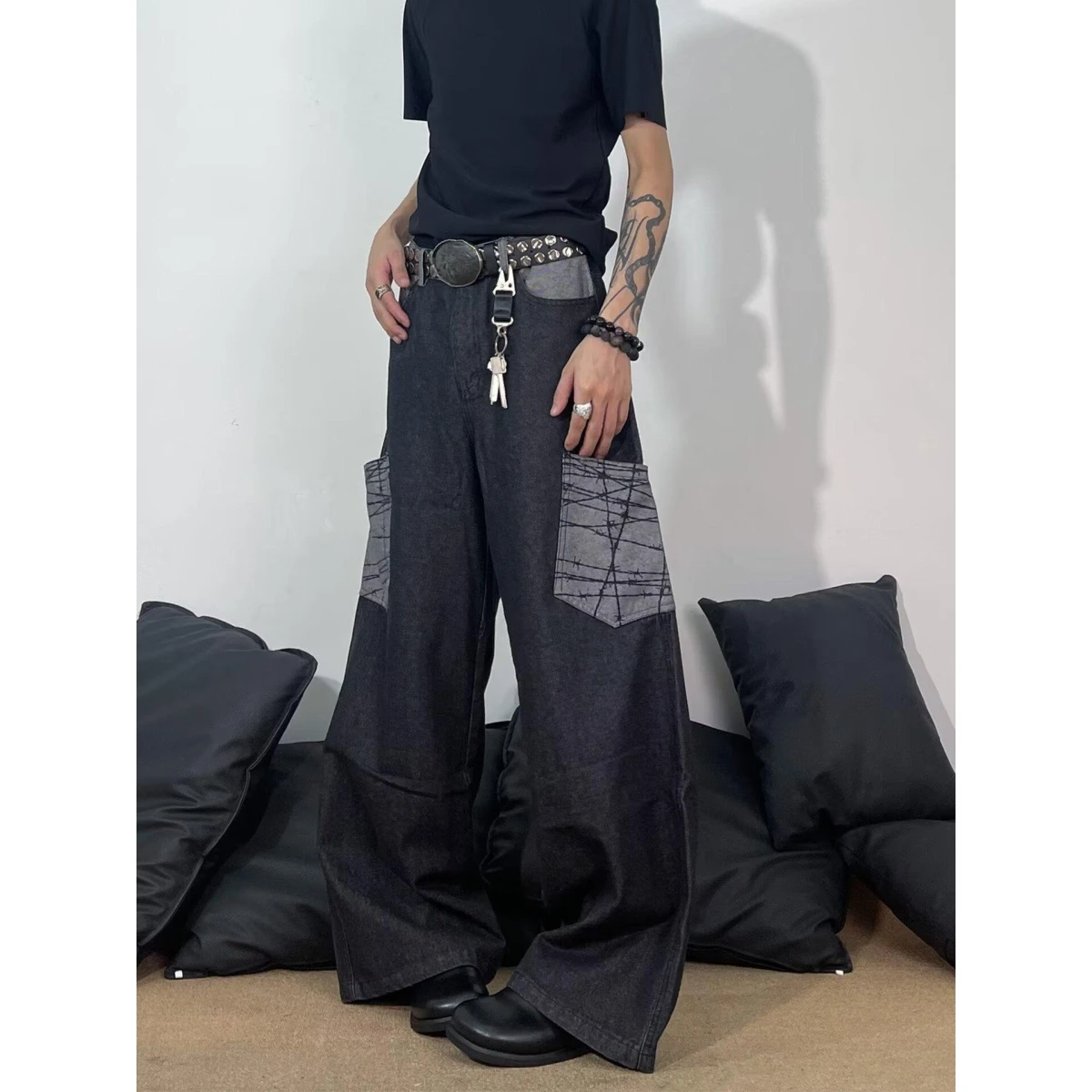 

Мужские джинсы Bla с американской вышивкой в стиле ретро, свободные прямые брюки с широкими штанинами, длинные брюки чистого кроя, повседневные брюки