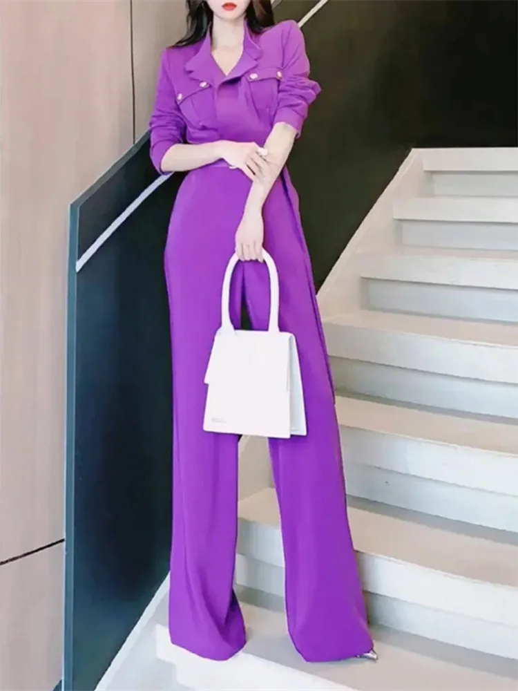 2024 Spring Summer New Woman High-Grade Chic Temperament Goddess Fan Fried Street Purple Belt Slim Slim Set Wide-leg Jumpsuit