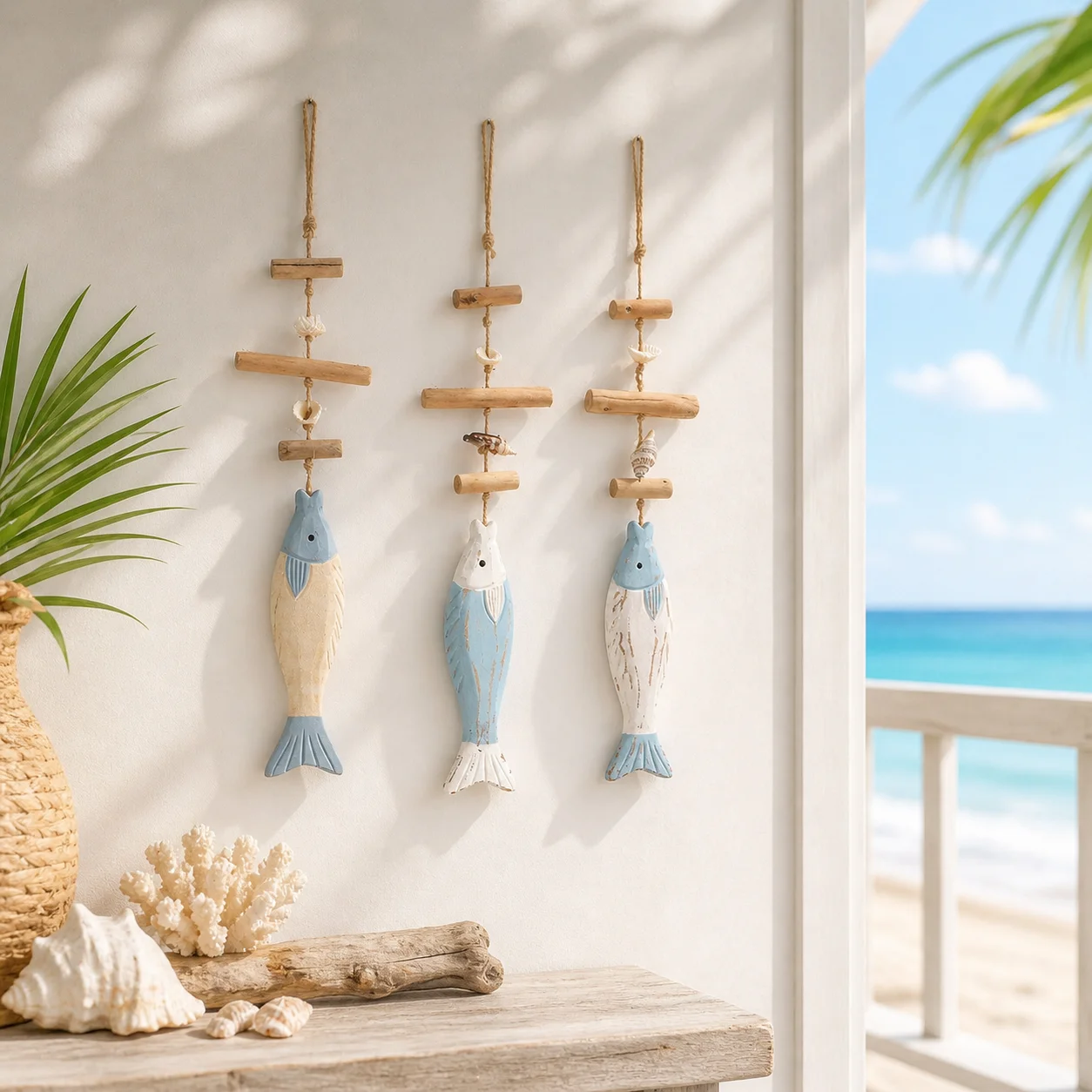 Coastal Wooden Fish Wall Hanging Nautical Beach Decor with Shells, Handmade Jute Rope Ornament for Home Bathroom