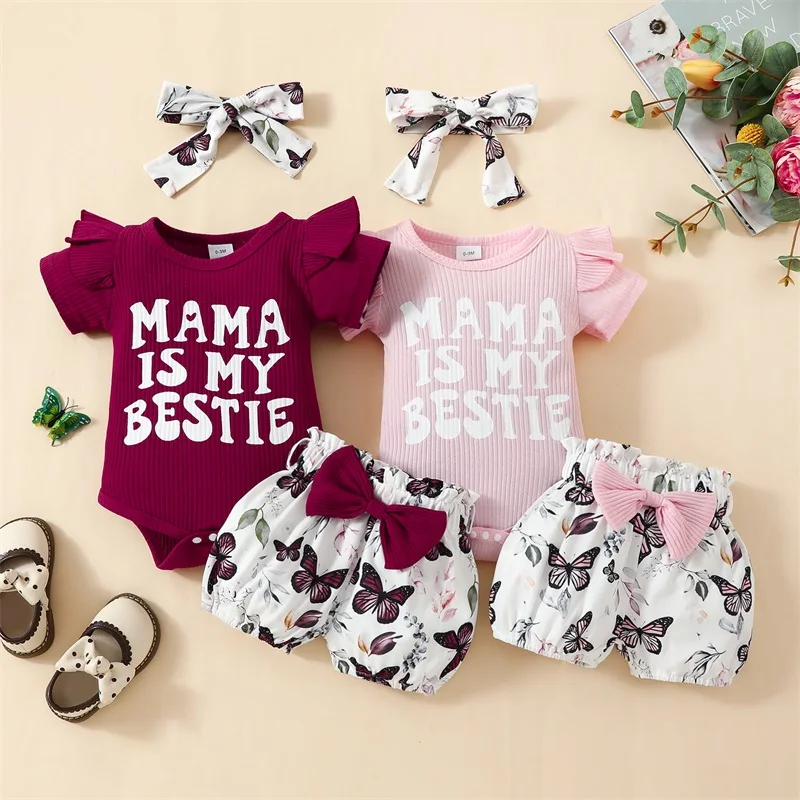 

Newborn Baby Girl Mama Is My Bestie Outfit Ruffle Short Sleeve Romper Butterfly Shorts Headband Summer Clothes Set