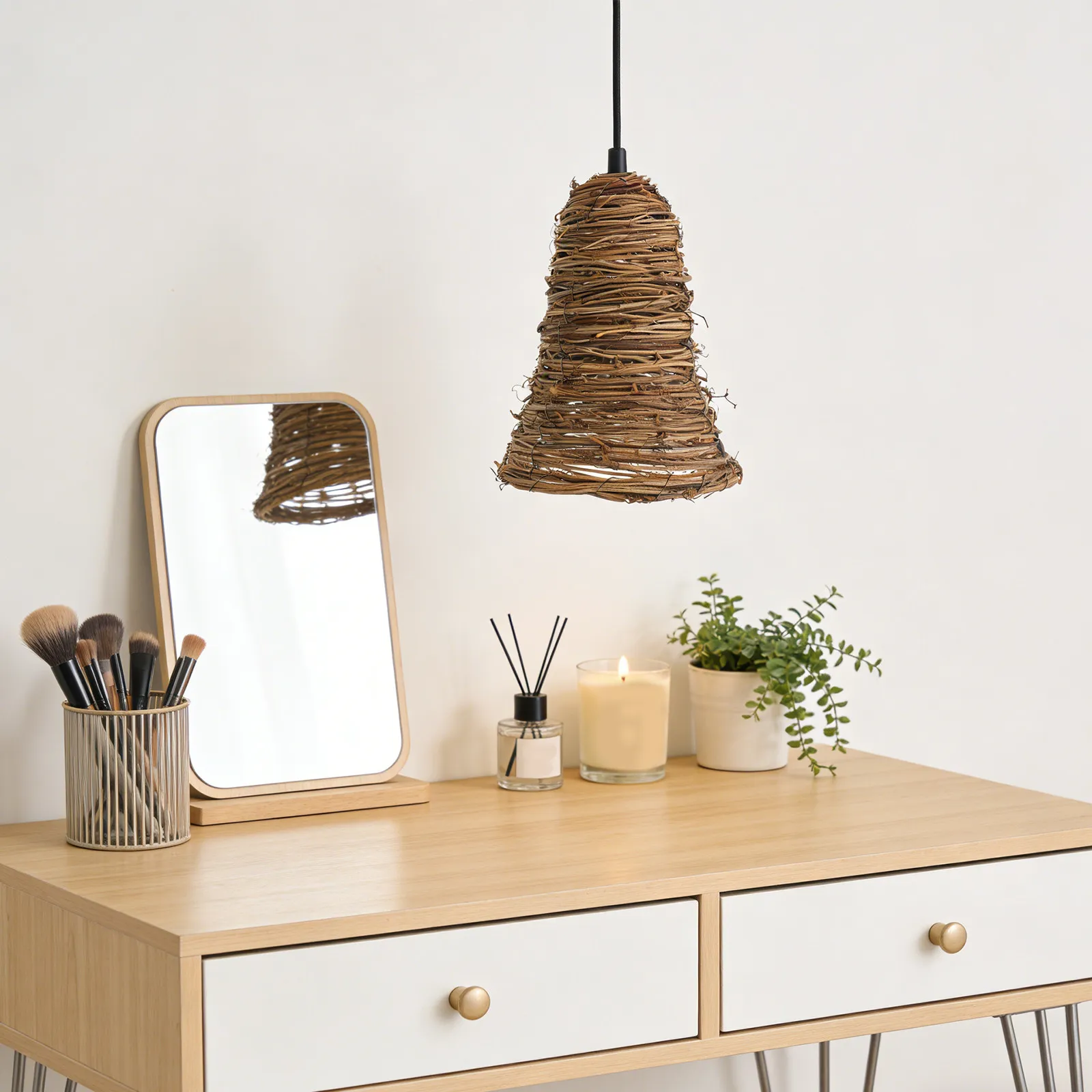 Rattan Lamp Shade Small Bell Pendant Light Cover 6.69x5.12x5.12in Handmade Vintage Farmhouse Wicker Bulb Guard Replacement Table