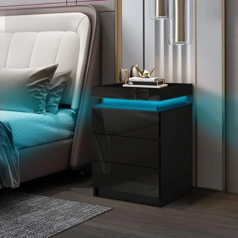 Modern Nightstand Set of 2, LED Night Stand with 3 High Gloss Chest of Drawers, Bedside Table Cabinet with Remote Control