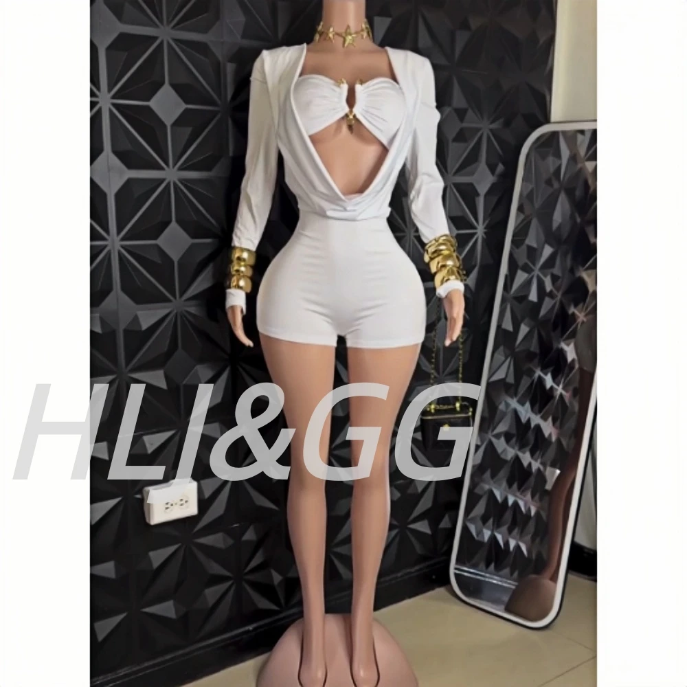 HLJ مثير عميق الخامس الجوف خارج Bodycon قطعة واحدة السروال القصير المرأة طويلة الأكمام ضئيلة Ruched حللا موضة الإناث بلون وزرة