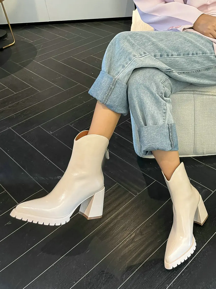 QUTAA 2023 Pointed Toe Thick High Heels Women Ankle Boots Winter Office Ladies Dress Fashion Genuine Leather Shoes Size 34-39