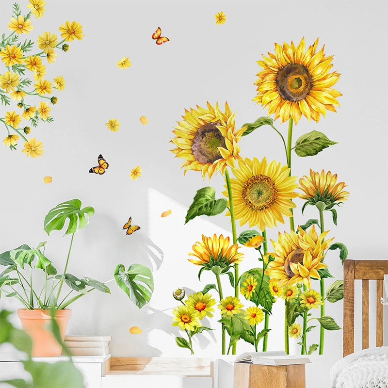 Self Adhesive and Removable PVC Wall Sticker, Sunflower Butterfly, Living Room, Bedroom Background Decoration, New, Waterproof