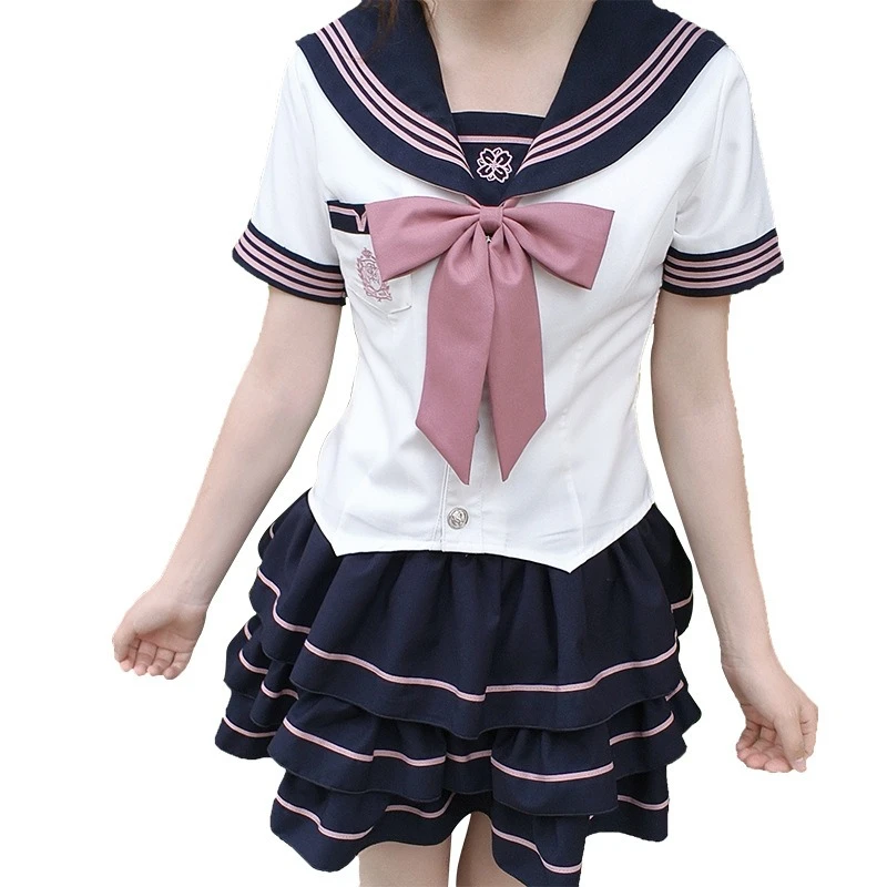 JK زي مدرسي البحرية طوق قصيرة الأكمام مطوي تنورة مجموعة الرغبة النقية اللون حجب الحلو لينة فتاة كلية نفخة الأكمام