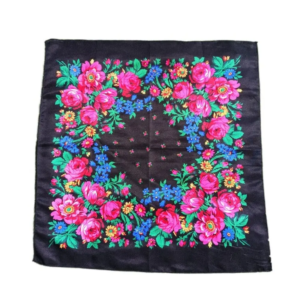 Casual Sunscreen Rose Flower Print Head Scarf Ethnic Style Soft Women Headwraps Hair Scarve Windproof Square Shawl Ladies/Girls