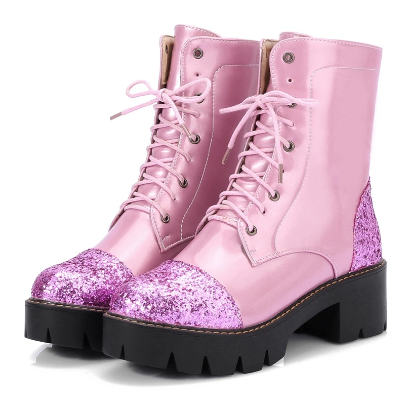 SIMLOVEYO Big size Dr Women Ankle Boots Thick Med Heels Lace Up Leather Platform Short Booties Botas Feminips 43. Pink A864