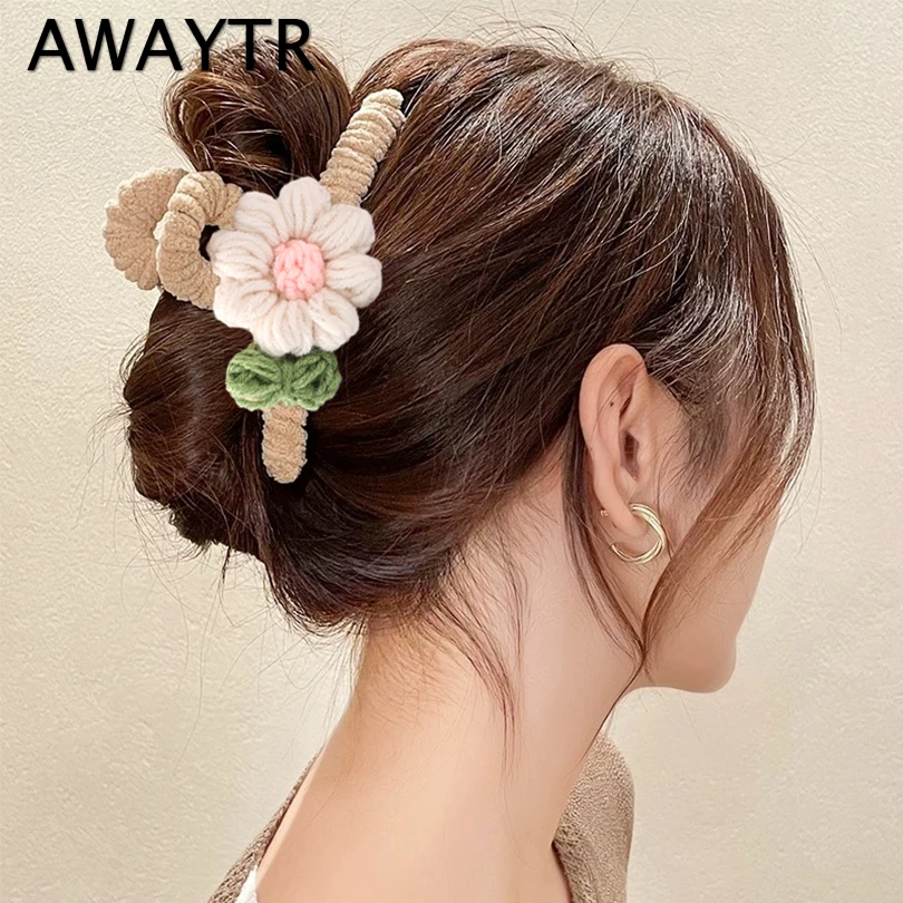 AWAYTR Women Flannelette Wrapped Hair Claw Clip Wool Flower Hair Claws Hairpins Girl Shark  Korean Fashion Hair Accessories Gift