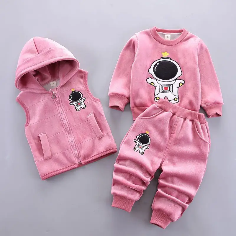 Baby Boys Autumn Winter Cartoon Astronaut Hoodie Outfit For Girls Fashion Hooded Vest+Top+Pants 3-piece Kids Casual Clothes