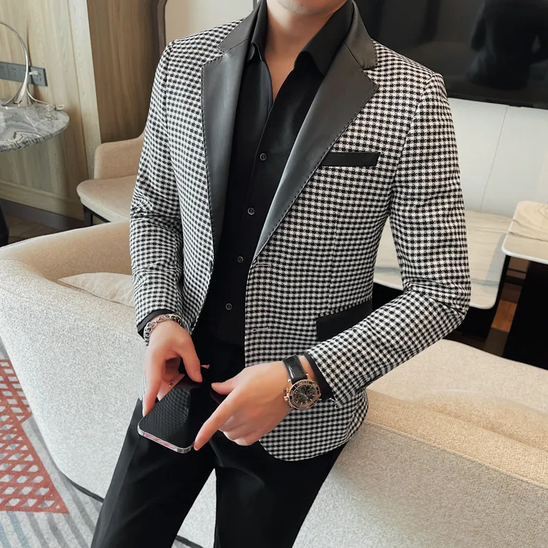 High-quality Fashion Collar Splicing Leather Single West Men\'s Solid Color Two Grain Single Breasted Business Casual Suit  M-4XL