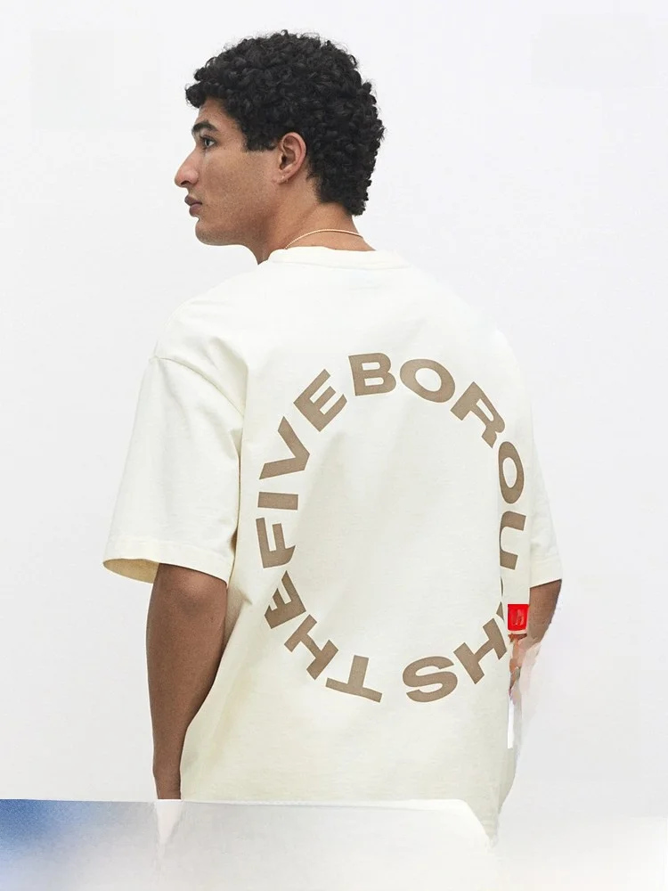 

Футболка H&M из хлопка, весенняя, с принтом, плотная, с круглым вырезом, американского стиля, с коротким рукавом, свободного кроя, 26706