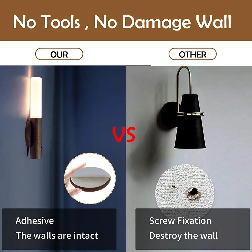 Lampu Malam Walnut dengan Sensor Gerak & Kontrol Sentuh RGB, Set Lampu Dinding Kayu Isi Ulang USB untuk Kamar Tidur, Tangga, Kamar Mandi