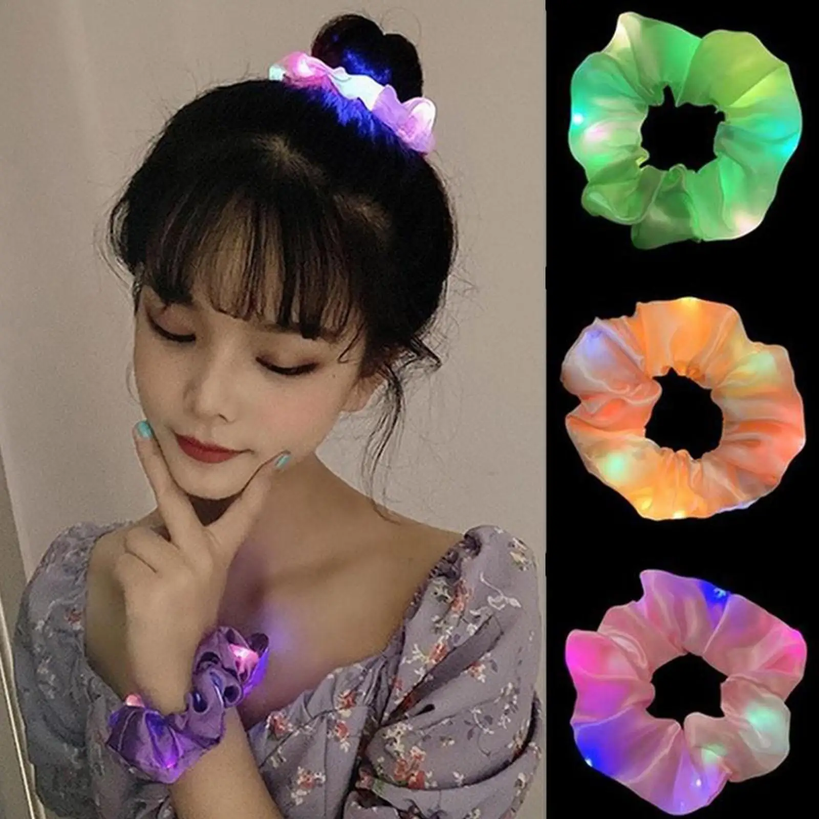 LED Luminous Hair Band Scrunchies Women Girls Ponytail Rubber Band Glow In The Dark Hair Ties LED Hair Band Hair Accessories