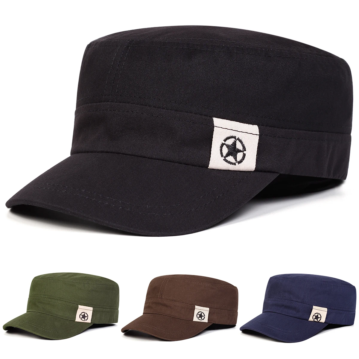 Unisex Star Military Caps Spring Autumn Sailor Hats Women Large Black Beret Caps Men Flat Top Captain Navy Hats