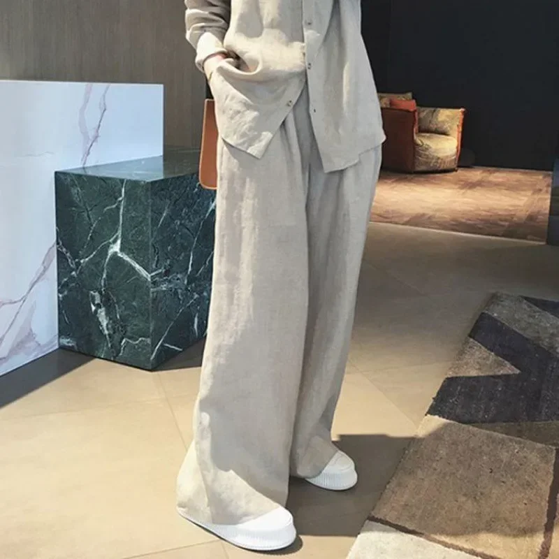 Linen Long Sleeve Shirt Pants Suit 100% Cotton Women's Set Wide Leg Pant Tracksuit Two Piece Set Loose Trousers Outfits Size XXL