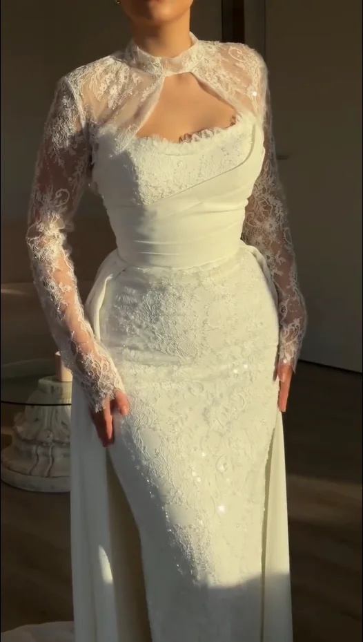 Mermaid Wedding Dresses High Neck Long Lace Sleeves Detachable Skirt Overskirt Lace Bridal Dresses Vestidos De Novia Customized
