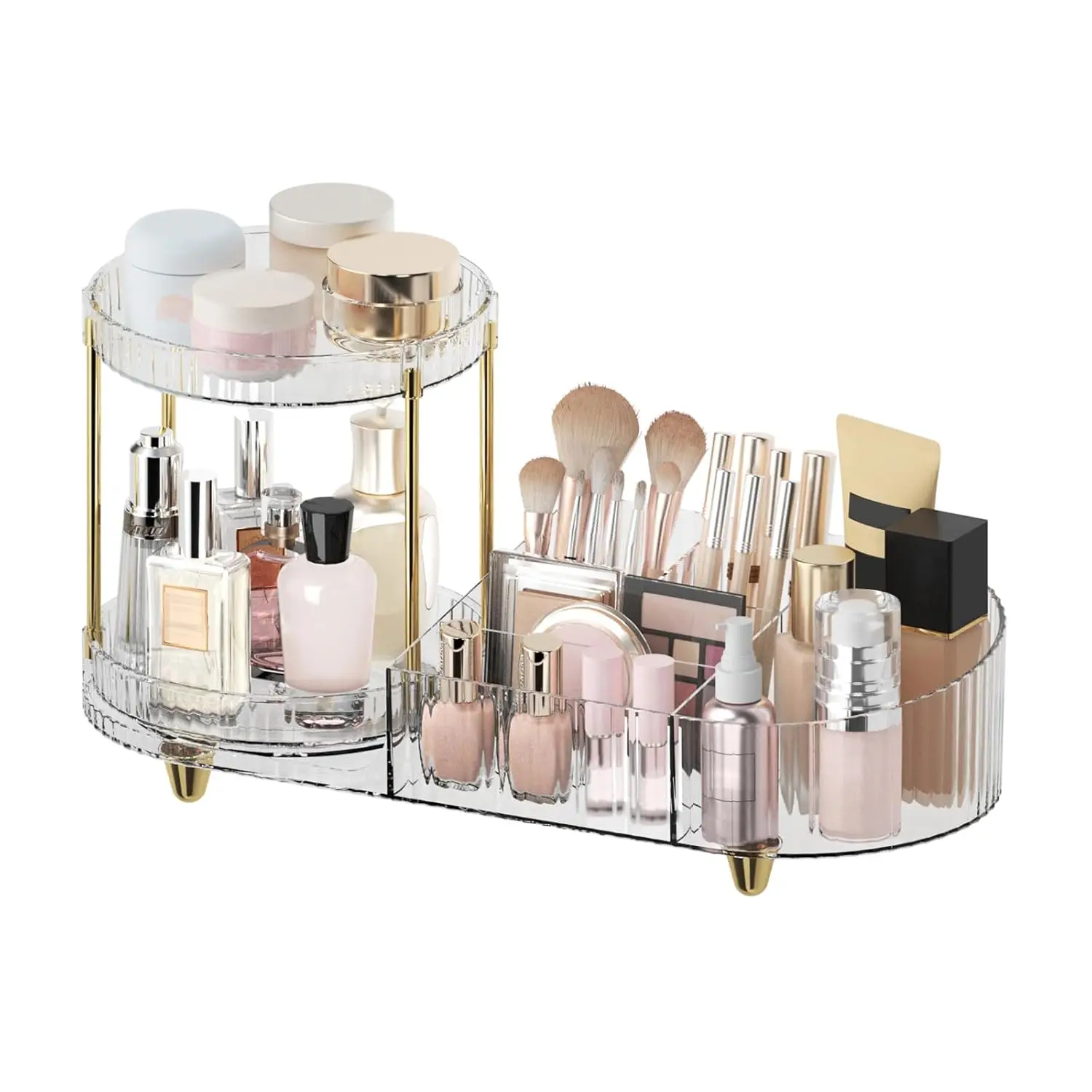 Rotating Makeup Organizer Countertop Vanity Perfume Tray 5 Compartment Cosmetic Skincare Storage With Brush Holder For Bathroom Bedroom Desk