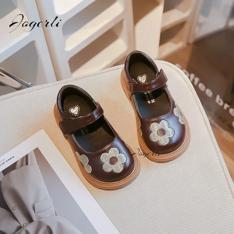 Spring Autumn New Girls PU Leather Shoes Little Kids Fashion Princess Flats Korean Embroidered Flower Leisure Baby Footwear