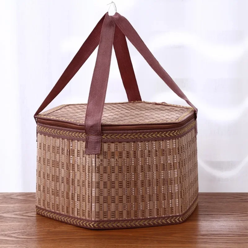 Bamboo Basket Chinese Festival Gift Packing Box Eco-friendly Moon Cake Zongzi Crab Food Bag Foldable Picnic Lunch Bags Hexagon