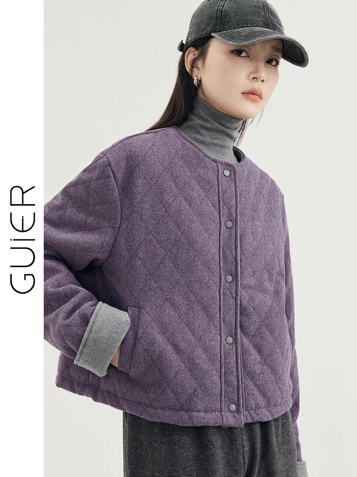 

Легкое фиолетовое хлопковое пальто для женщин, весна-осень 2023, новое шерстяное пальто в стиле ретро с ромбовидным узором Jaet для поездок на работу Sle ort...