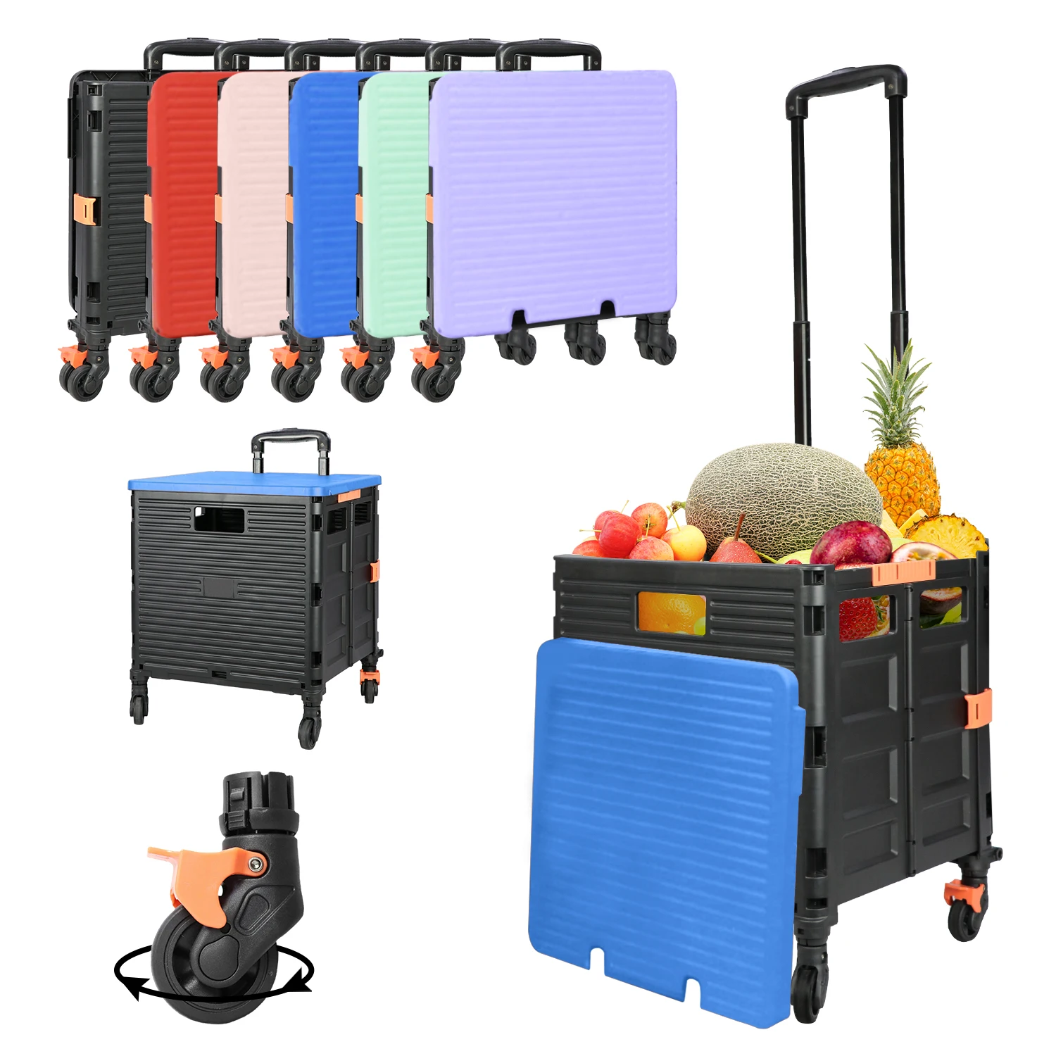 Foldable Utility Cart Folding Portable Rolling Crate Handcart Shopping Trolley Wheel Box with Lid Wear-Resistant Noiseless 360°Rotate Wheel for Travel Shopping Moving Storage Office Use