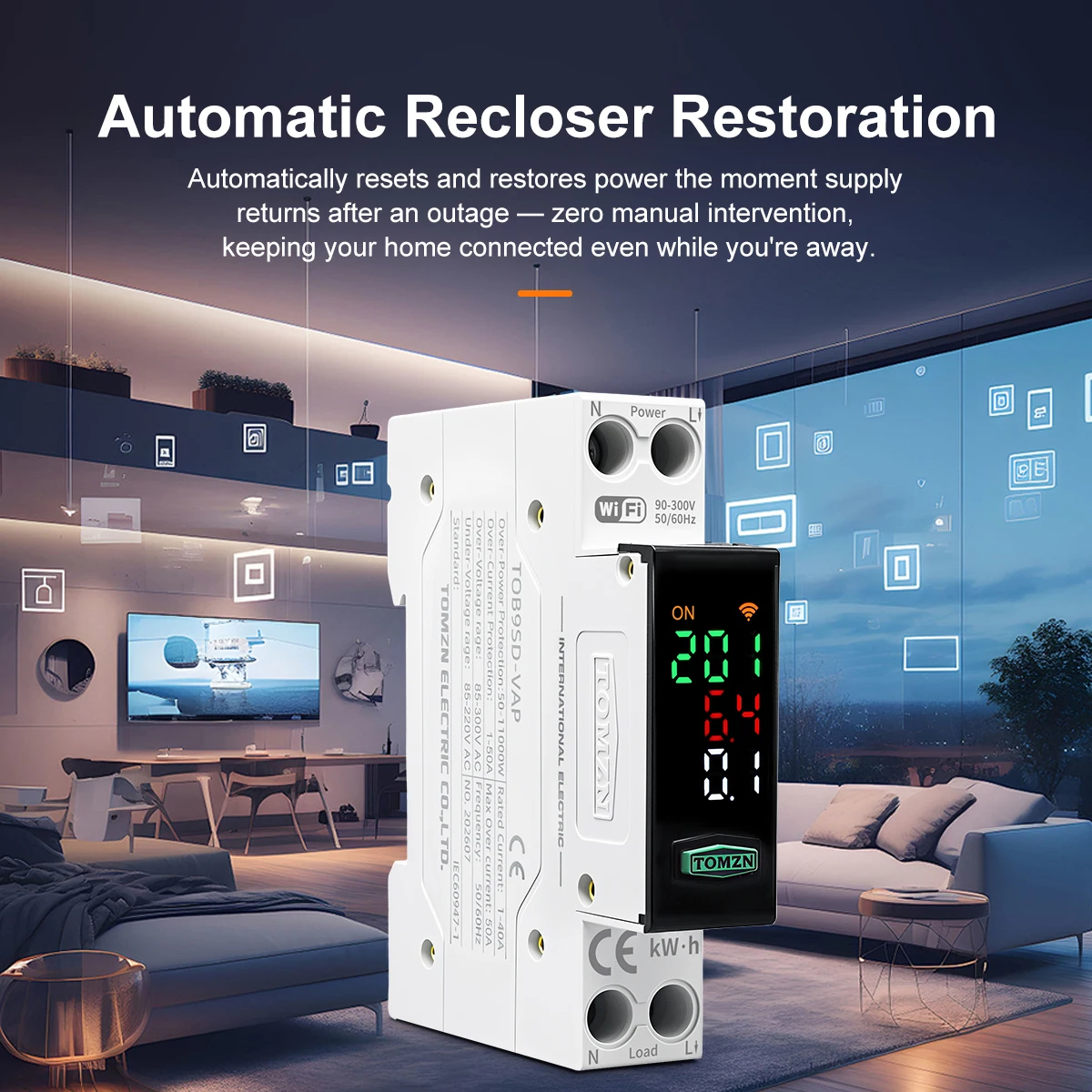TOMZN WiFi Circuit Breaker 1P+N 110V 230VAC 50A Auto Recloser Smart Breaker Voltage Current Energy Monitoring Display Overload