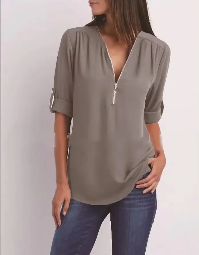 2024 heißer Verkauf Frauen cool lockeres Hemd tief V-Ausschnitt Chiffon Mode Bluse lässig Damen Tops sexy Reiß verschluss Pullover plus Größe